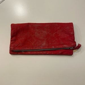 Clare Vivier red brocade suede fold over clutch
